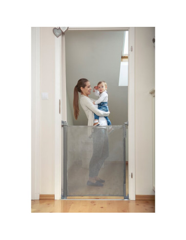 BN-LO-Tulia_Grey,Lionelo - Poarta de siguranta cu suruburi Tulia, Textila, Retractabila din Poliester, 140 cm, Conform cu standa