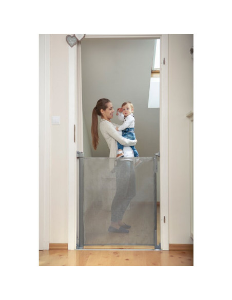 BN-LO-Tulia_Grey,Lionelo - Poarta de siguranta cu suruburi Tulia, Textila, Retractabila din Poliester, 140 cm, Conform cu standa