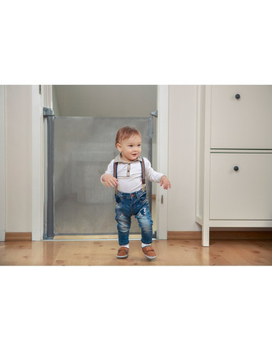 BN-LO-Tulia_Grey,Lionelo - Poarta de siguranta cu suruburi Tulia, Textila, Retractabila din Poliester, 140 cm, Conform cu standa