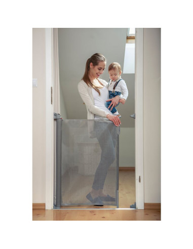 BN-LO-Tulia_Grey,Lionelo - Poarta de siguranta cu suruburi Tulia, Textila, Retractabila din Poliester, 140 cm, Conform cu standa