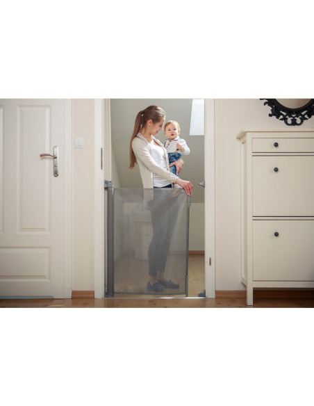 BN-LO-Tulia_Grey,Lionelo - Poarta de siguranta cu suruburi Tulia, Textila, Retractabila din Poliester, 140 cm, Conform cu standa