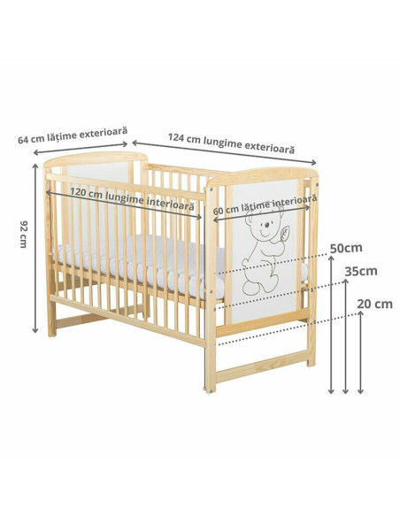 BN-BOTIM10CM03NT,BabyNeeds - Patut din lemn Timmi 120x60 cm, Cu laterala culisanta, Din lemn de pin si mdf, Stabil si rezistent,