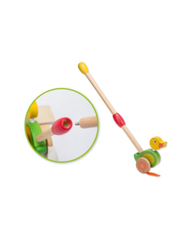 BN-80045,Joueco - Jucarie din lemn Ratusca, De impins, Cu tija, 12 luni+, Multicolor
