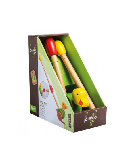 BN-80045,Joueco - Jucarie din lemn Ratusca, De impins, Cu tija, 12 luni+, Multicolor