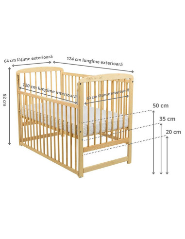 BN-BOOLA8CM03NT,BabyNeeds - Patut din lemn Ola 120x60 cm, Cu laterala culisanta, Din lemn de pin, Stabil si rezistent, Inaltime 