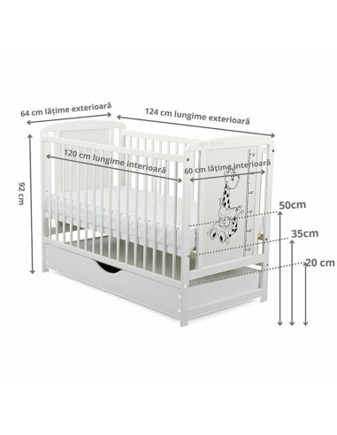 BN-BOTIMG8CM02AL,BabyNeeds - Patut din lemn Timmi Girafa 120x60 cm, Cu sertar cu capac, Din lemn de pin si mdf, Stabil si rezist