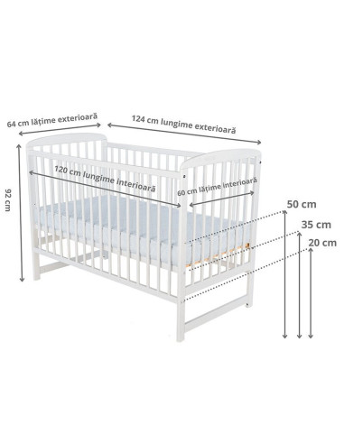 BN-BOOLA12CM01AL,BabyNeeds - Patut din lemn Ola 120X60 cm, Din lemn de pin, Stabil si rezistent, Inaltime saltea reglabila pe 3 