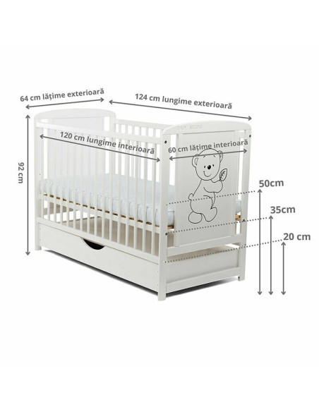 BN-BOTIM12CM02AL,BabyNeeds - Patut din lemn Timmi 120x60 cm, Cu sertar cu capac, Din lemn de pin si mdf, Stabil si rezistent, In