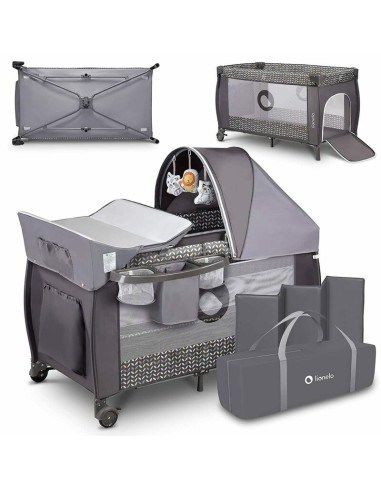 BN-LO-Sven Plus_Grey_Scandi,Lionelo - Patut pliant cu doua nivele Sven Plus, 120x60 cm, arcada jucarii, masuta de infasat, vibra