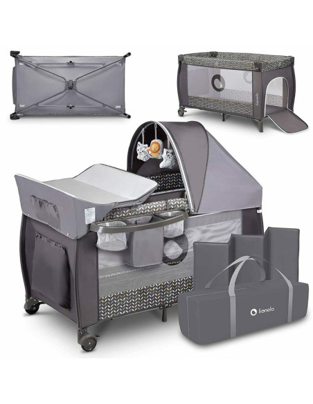 BN-LO-Sven Plus_Grey_Scandi,Lionelo - Patut pliant cu doua nivele Sven Plus, 120x60 cm, arcada jucarii, masuta de infasat, vibra
