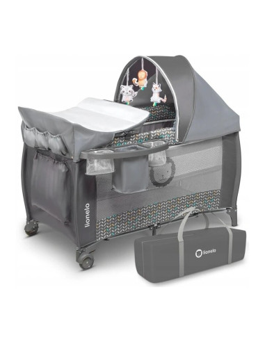 BN-LO-Sven Plus_Grey_Scandi,Lionelo - Patut pliant cu doua nivele Sven Plus, 120x60 cm, arcada jucarii, masuta de infasat, vibra