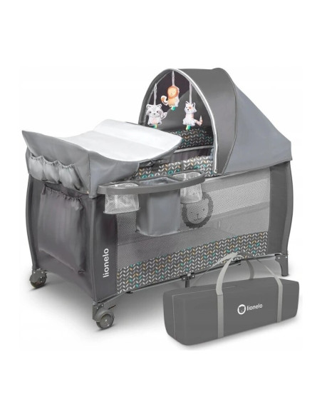 BN-LO-Sven Plus_Grey_Scandi,Lionelo - Patut pliant cu doua nivele Sven Plus, 120x60 cm, arcada jucarii, masuta de infasat, vibra