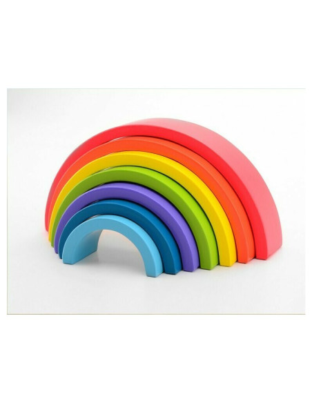 BN-80081,Joueco - Jucarie pentru stivuire din lemn certificat FSC, Curcubeu, 27x13.5 cm, 12 luni+, 7 piese, Multicolor