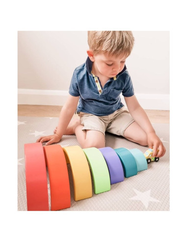 BN-80081,Joueco - Jucarie pentru stivuire din lemn certificat FSC, Curcubeu, 27x13.5 cm, 12 luni+, 7 piese, Multicolor