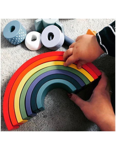 BN-80081,Joueco - Jucarie pentru stivuire din lemn certificat FSC, Curcubeu, 27x13.5 cm, 12 luni+, 7 piese, Multicolor