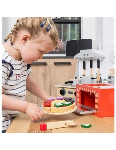 BN-80076,Joueco - Cuptor pizza din lemn certificat FSC, 28x16.5 cm, 3 ani+, 25 piese, Multicolor