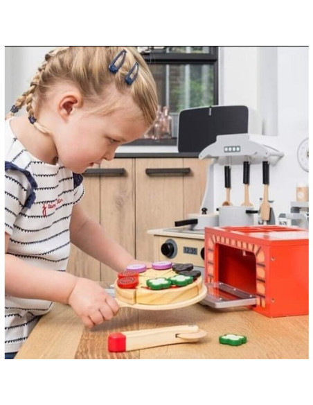 BN-80076,Joueco - Cuptor pizza din lemn certificat FSC, 28x16.5 cm, 3 ani+, 25 piese, Multicolor