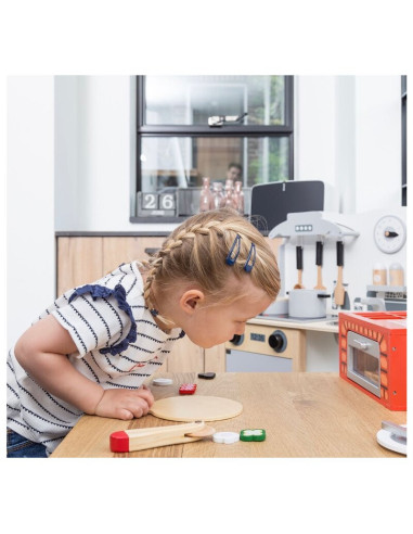 BN-80076,Joueco - Cuptor pizza din lemn certificat FSC, 28x16.5 cm, 3 ani+, 25 piese, Multicolor