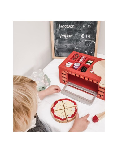 BN-80076,Joueco - Cuptor pizza din lemn certificat FSC, 28x16.5 cm, 3 ani+, 25 piese, Multicolor