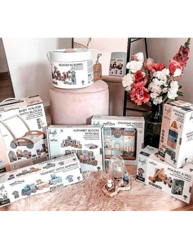 BN-80092,Joueco - Antepremergator cu 34 de cuburi, Familia Wildies, Din lemn certificat FSC, 12 luni+, Multicolor