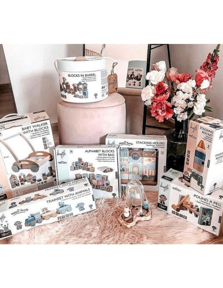 BN-80092,Joueco - Antepremergator cu 34 de cuburi, Familia Wildies, Din lemn certificat FSC, 12 luni+, Multicolor