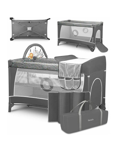 BN-LO-FLOWER_GREY_SCANDI,Lionelo - Patut pliant cu doua nivele Flower, Cu arcada, Geanta transport, Masuta de infasat, Bara cu j