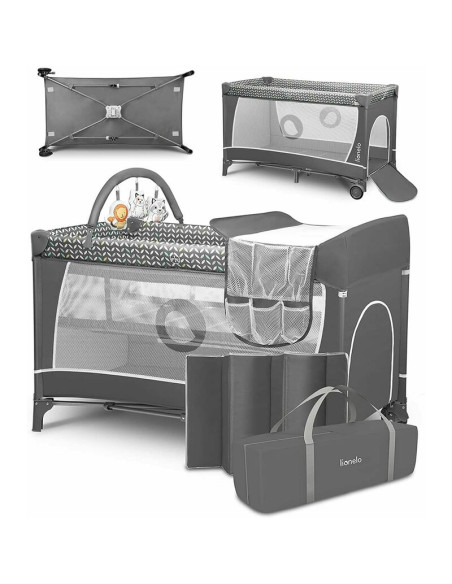 BN-LO-FLOWER_GREY_SCANDI,Lionelo - Patut pliant cu doua nivele Flower, Cu arcada, Geanta transport, Masuta de infasat, Bara cu j