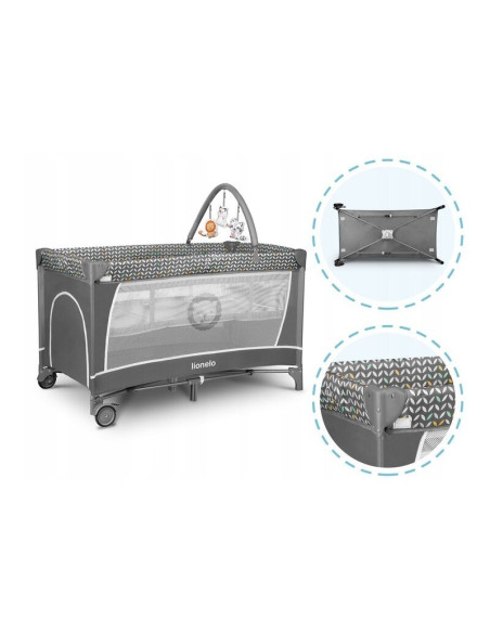 BN-LO-FLOWER_GREY_SCANDI,Lionelo - Patut pliant cu doua nivele Flower, Cu arcada, Geanta transport, Masuta de infasat, Bara cu j
