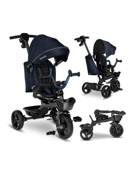 BN-LO-KORI_BLUE_NAVY,Lionelo - Tricicleta Kori, Cu suport de picioare, Control al directiei, Scaun reversibil, Rotire 360 grade,