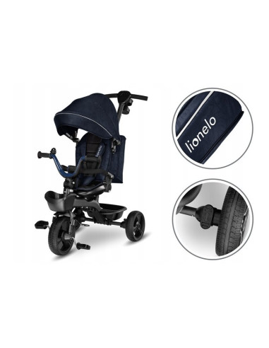 BN-LO-KORI_BLUE_NAVY,Lionelo - Tricicleta Kori, Cu suport de picioare, Control al directiei, Scaun reversibil, Rotire 360 grade,
