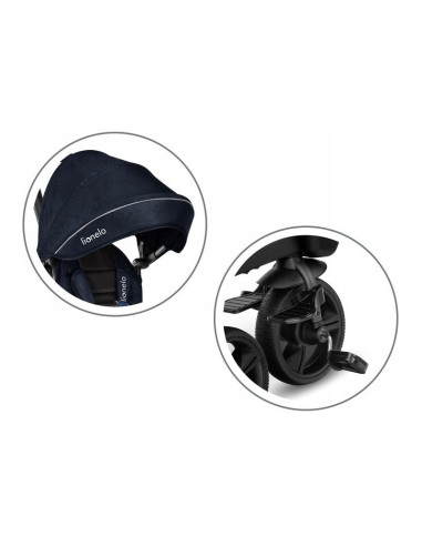 BN-LO-KORI_BLUE_NAVY,Lionelo - Tricicleta Kori, Cu suport de picioare, Control al directiei, Scaun reversibil, Rotire 360 grade,