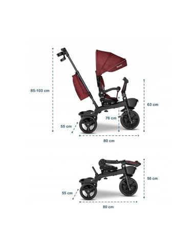BN-LO-KORI_RED_BURGUNDY,Lionelo - Tricicleta Kori, Cu suport de picioare, Control al directiei, Scaun reversibil, Rotire 360 gra