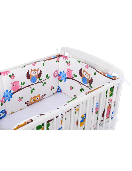 BN-BN200,Babyneeds - Set 2 bucati aparatori pat, 2 x 180x35 cm, Bumbac, pentru patut 120x60 cm, Bufnitele vesele, Alb