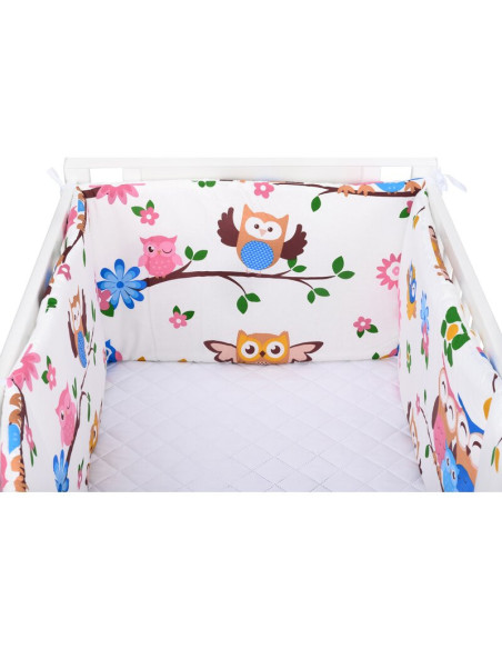 BN-BN200,Babyneeds - Set 2 bucati aparatori pat, 2 x 180x35 cm, Bumbac, pentru patut 120x60 cm, Bufnitele vesele, Alb