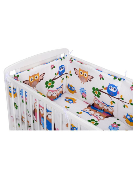 BN-BN214,BabyNeeds - Lenjerie patut 3 piese, Cu doua protectii laterale, Cerceaf, Din bumbac, Pentru patut 120x60 cm, Bufnitele 
