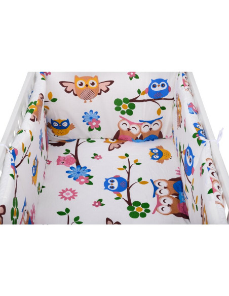 BN-BN214,BabyNeeds - Lenjerie patut 3 piese, Cu doua protectii laterale, Cerceaf, Din bumbac, Pentru patut 120x60 cm, Bufnitele 