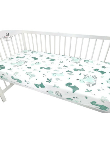 BN-6426972004985,MimiNu - Cearceaf cu elastic pentru patut 120X60 cm, Din bumbac certificat Oeko Tex Standard 100, Dino Mint