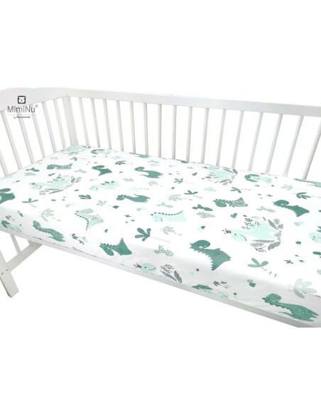 BN-6426972004985,MimiNu - Cearceaf cu elastic pentru patut 120X60 cm, Din bumbac certificat Oeko Tex Standard 100, Dino Mint