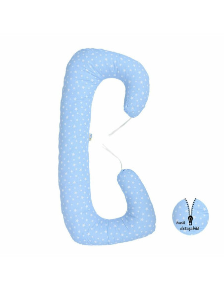 BN-BN224,BabyNeeds - Perna 3 in 1 pentru gravide si bebelusi Soft Plus, Cu husa detasabila din bumbac, Albastru cu stelute