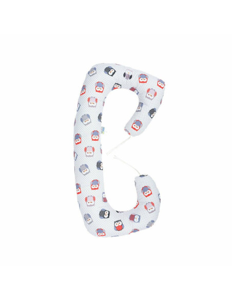 BN-BN228,BabyNeeds - Perna 3 in 1 pentru gravide si bebelusi Soft, Cu husa din bumbac, Bufnite, Gri-rosu