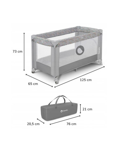 BN-LO-STEFI_GREY_MULTICOLOR,Lionelo - Patut pliant cu un nivel Stefi, Cu intrare laterala cu fermoar, 2 roti, 120x60 cm, Conform