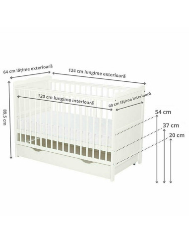 BN-6426972005517,Qmini - Patut din lemn Julia 120x60 cm, multifunctional, cu sertar, Cu sina speciala pentru dentitie, EN716-1, 