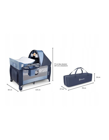 BN-LO-SVEN_PLUS_BLUE_NAVY,Lionelo - Patut pliant cu doua nivele Sven Plus, 120x60 cm, arcada jucarii, masuta de infasat, vibrati