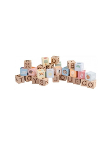 BN-80090,Joueco - Cuburi din lemn certificat FSC, Multifunctionale, Familia Wildies, 25x21 cm, 12 luni+, 30 piese, Multicolor