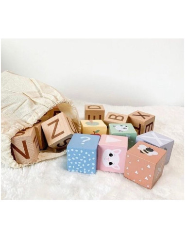 BN-80090,Joueco - Cuburi din lemn certificat FSC, Multifunctionale, Familia Wildies, 25x21 cm, 12 luni+, 30 piese, Multicolor