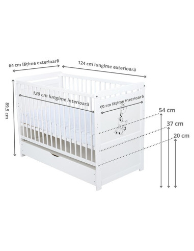 BN-BONAD2G12CM02AL,Babyneeds - Patut din lemn Nadia II Girafa transformabil pt bebe si junior, 120x60 cm, Cu sertar cu capac, Di