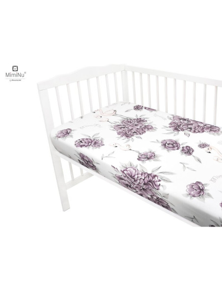 BN-6426972008280,MimiNu - Cearceaf cu elastic pentru patut 120X60 cm, Din bumbac certificat Oeko Tex Standard 100, Peonie Plum