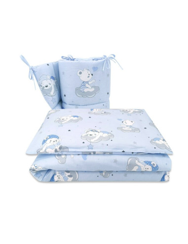 6426972008570,Qmini - Lenjerie patut 3 piese, Cu protectie laterala, Teddy Bears On Clouds Blue, Din bumbac, Pentru patut 140x70