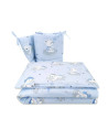 6426972008570,Qmini - Lenjerie patut 3 piese, Cu protectie laterala, Teddy Bears On Clouds Blue, Din bumbac, Pentru patut 140x70