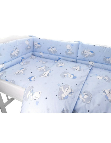 6426972008570,Qmini - Lenjerie patut 3 piese, Cu protectie laterala, Teddy Bears On Clouds Blue, Din bumbac, Pentru patut 140x70